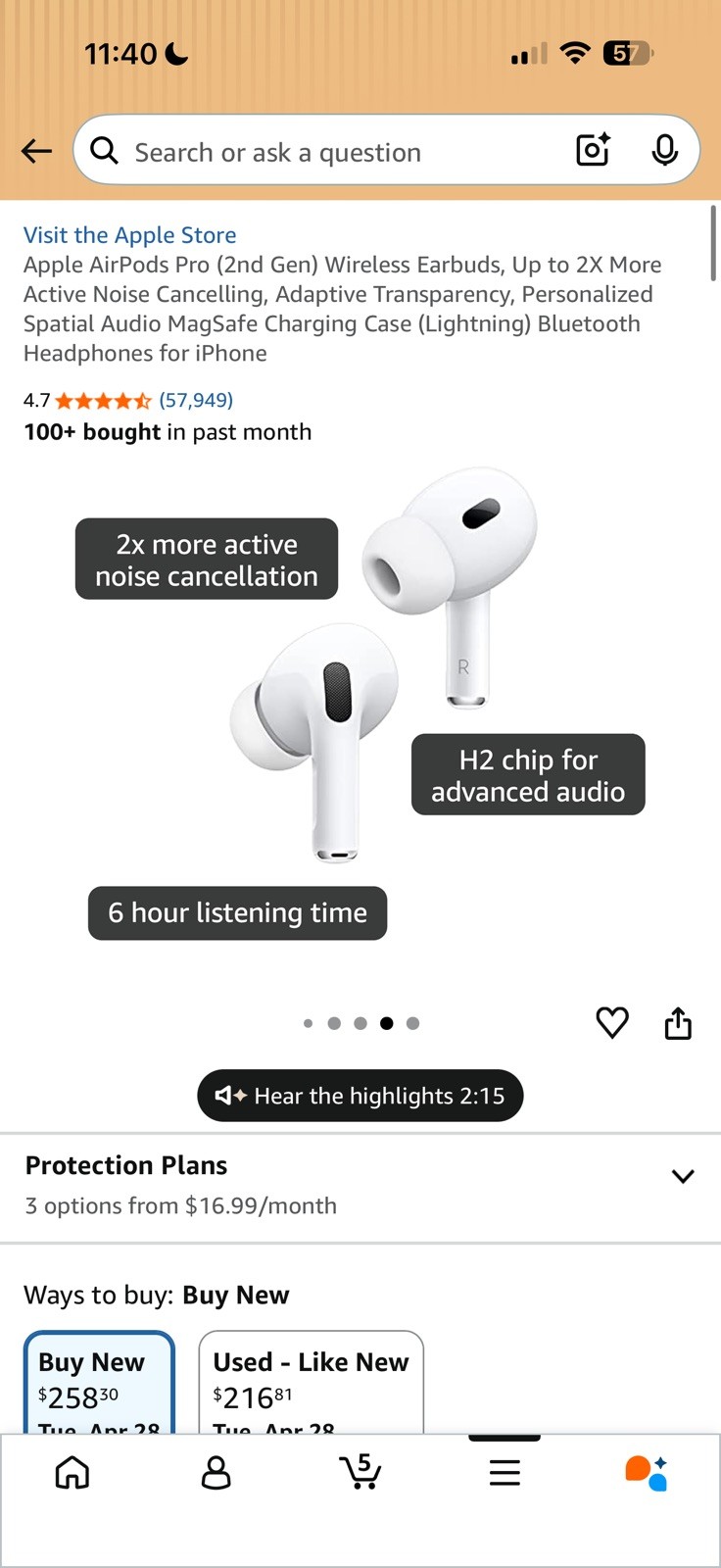 Apple Airpods Pro 2nd Wireless Active Noise Cancelling Earbuds – White MTJV3LL/A