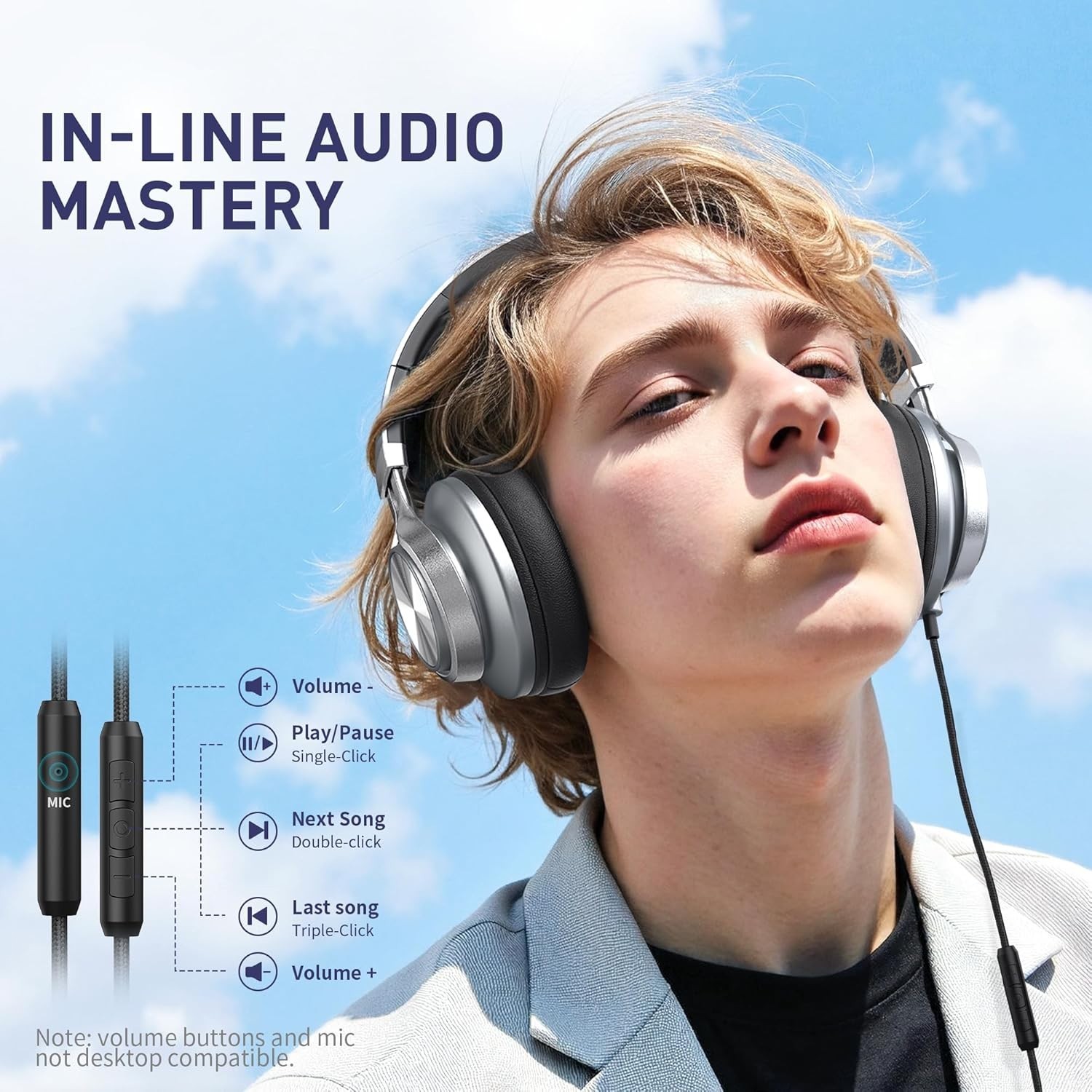 Wired Headphones with Microphone Volume Control, Noise Reduction Foldable Comfor