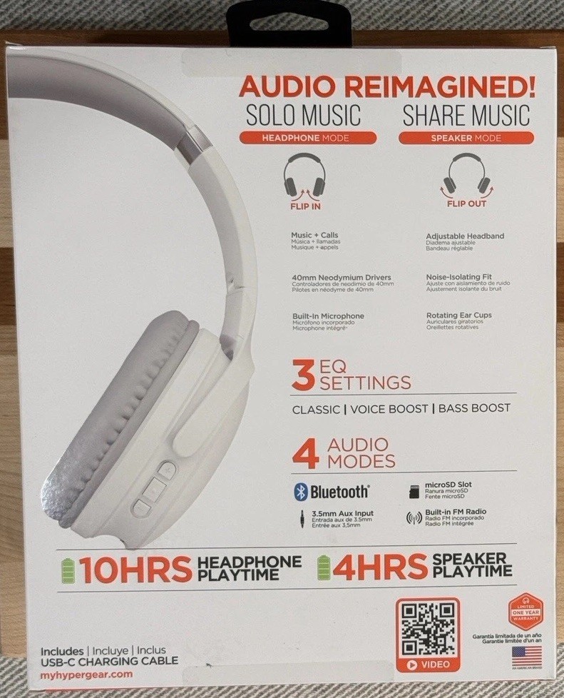 HyperGear FLIP 2-IN-1 Bluetooth Headphones+Speaker w/ Mic White/Gray