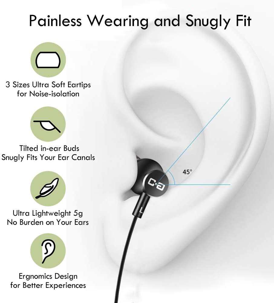 Extra Long Earbuds for TV & PC, with 12FT Spring Coiled Wired 12FT, Black
