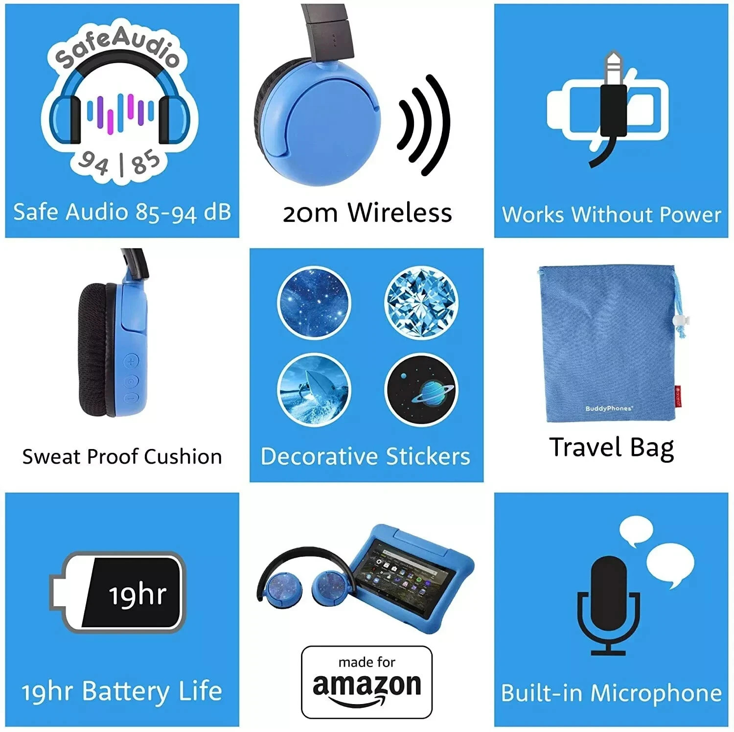 Kids Buddy Phones PopTime Blue Wireless Bluetooth Headphones Ages 8-15