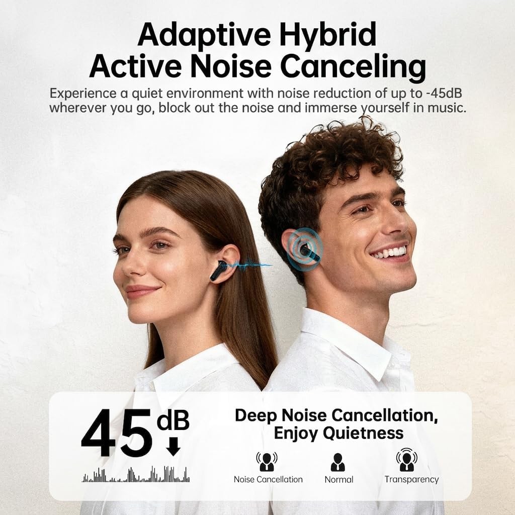 Adaptive Hybrid Active Noise Canceling 2026 Wireless Earbuds, 6 Mics ENC
