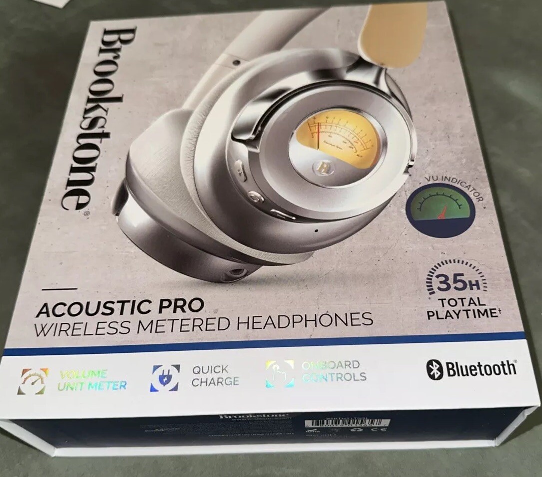 NIB Brookstone Acoustic Pro Wireless Metered Bluetooth 35 Hours Play Headphones