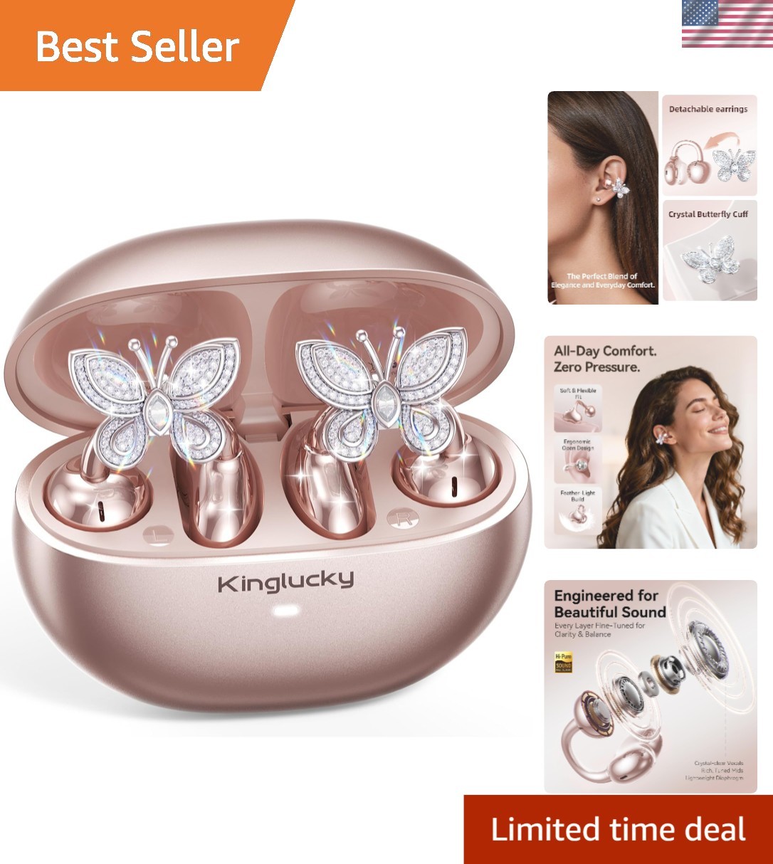 Elegant Rose Gold Open-Ear Earbuds with Butterfly Earrings – Gift-Ready Design