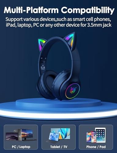 Cat Ear Bluetooth Headphones for Kids & Adults, 55H Play Time, Wireless Foldable