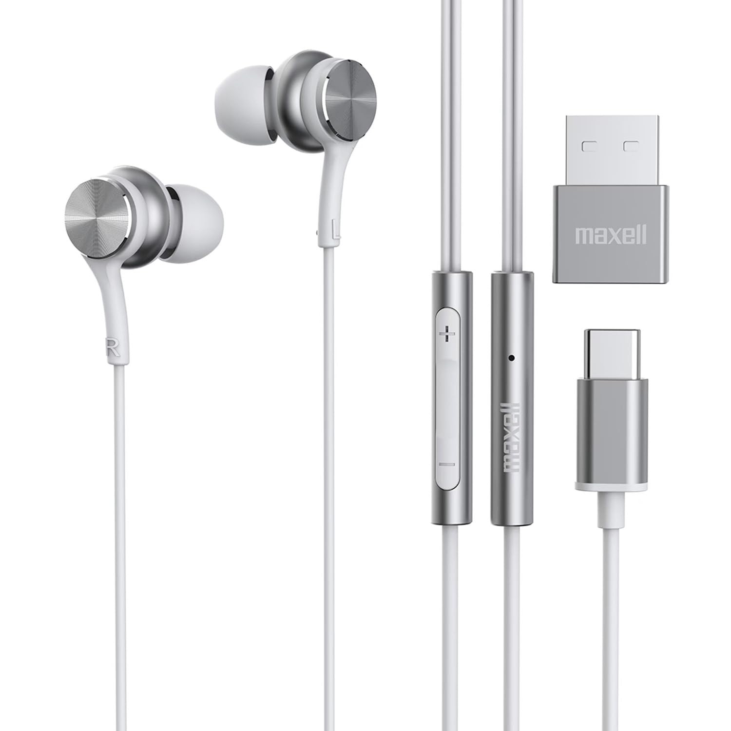 Maxell USB-C Wired Earbuds with USB-A Adapter, Built-in Microphone with Volume a