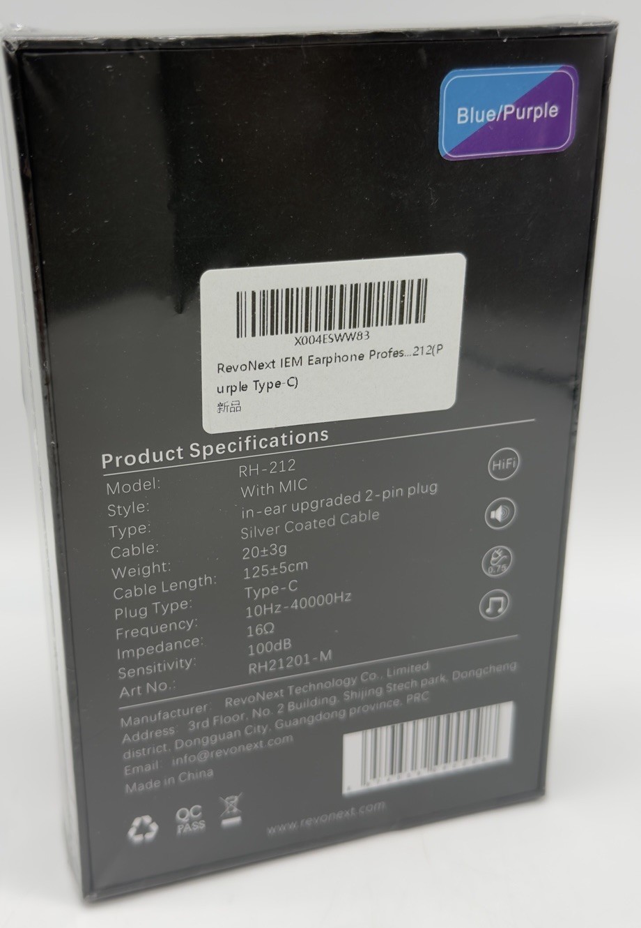 Revonext IEM Professional Earbud Headphones USB – C w/ Mic Purple/Blue Type C