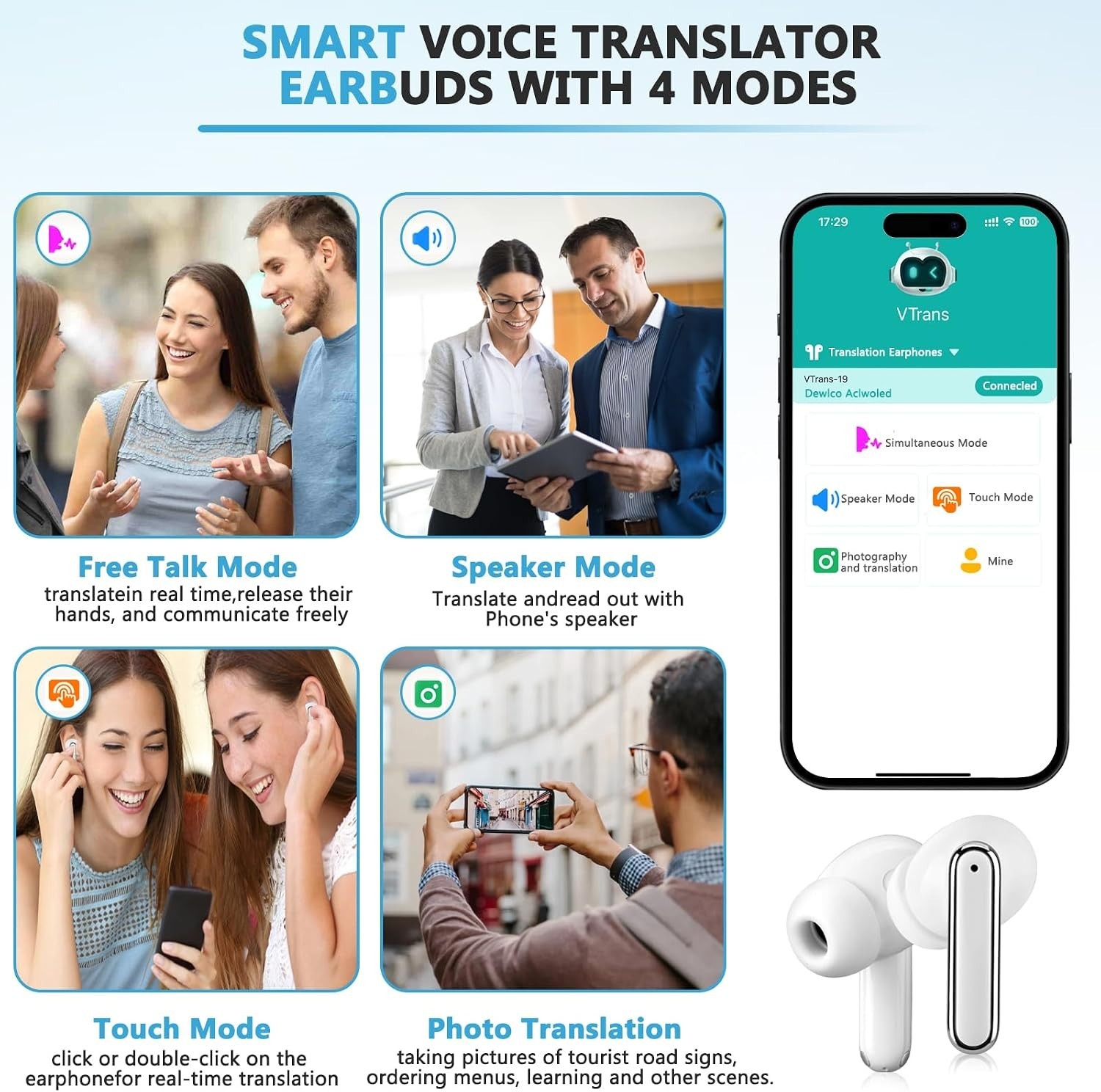 150 Languages Translation Earbuds with Bluetooth & 10Hr Battery Life—Smart Audio