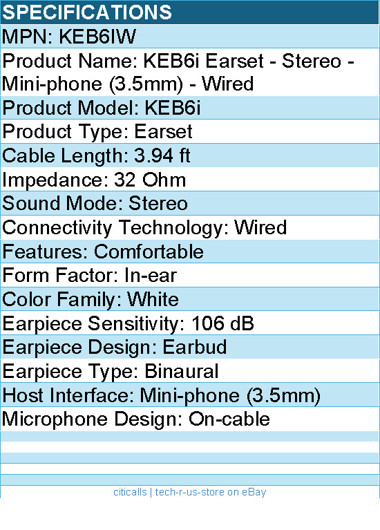 Koss KEB6IW Earset – Stereo – Mini-phone (3.5mm) – Wired – 32 Ohm