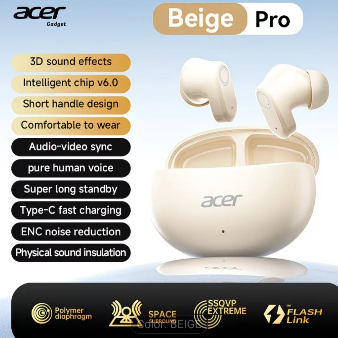 Acer New TWS Wireless Headset, High Quality Sound, Touch Control, Beige Pro
