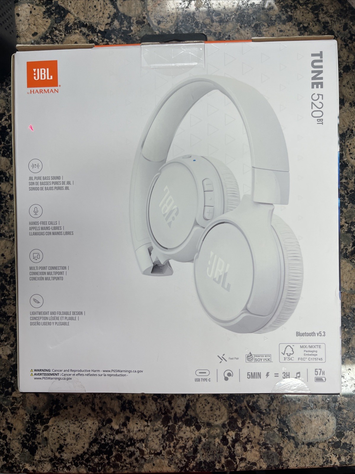 JBL Tune 520BT Pure Bass Wireless Bluetooth Headphones (White)