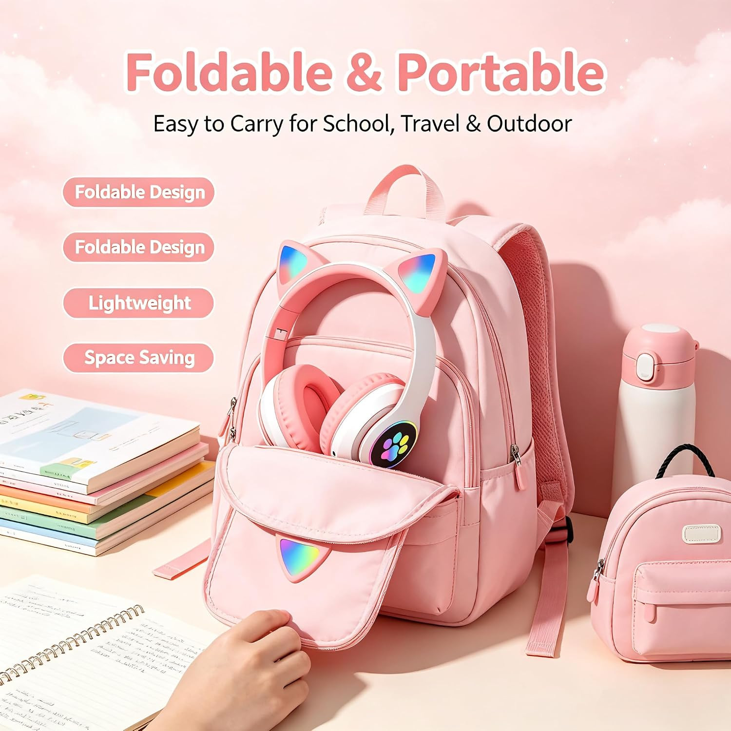 Cat Ear Bluetooth Headphones LED Wireless Foldable Over Ear Kids Adults White