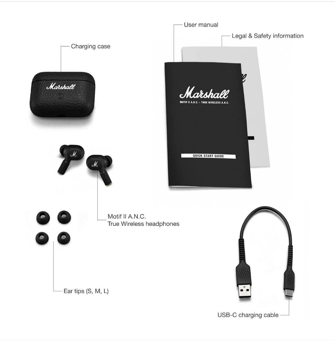 Marshall Motif II A.N.C Active Noise-Canceling Bluetooth Earbuds (Black)