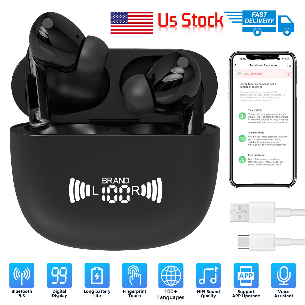 155+ Languages Translator Earbuds Wireless Bluetooth 5.1 Headphones Headsets #