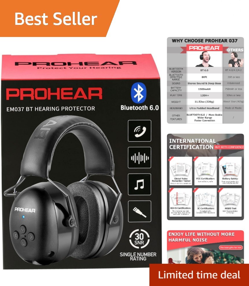 Prohear 037 Bluetooth 6.0 Hearing Protection Headphones – 30dB Noise Reduction