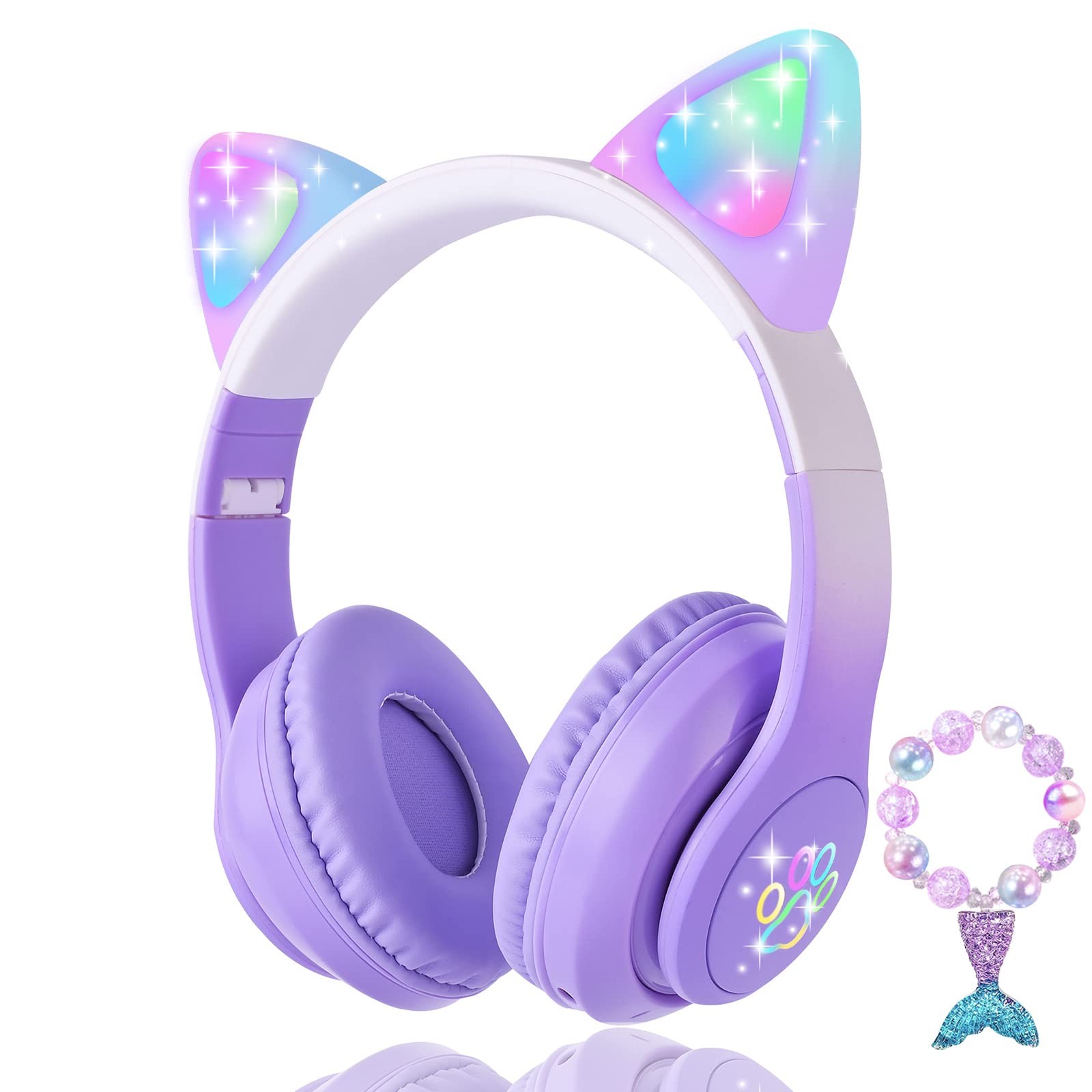 Cat Ear Kids Bluetooth Headphones, LED Light, Wireless/Wired, Mic, School/Travel
