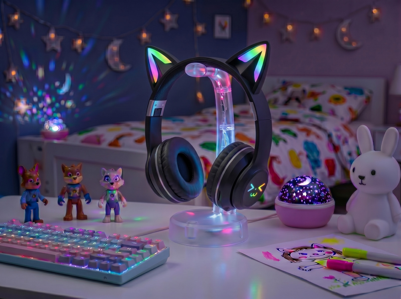 Kids Cat Ears Headphones with Microphone (RGB LED/WIRELESS/BLUETOOTH/FOLDABLE)