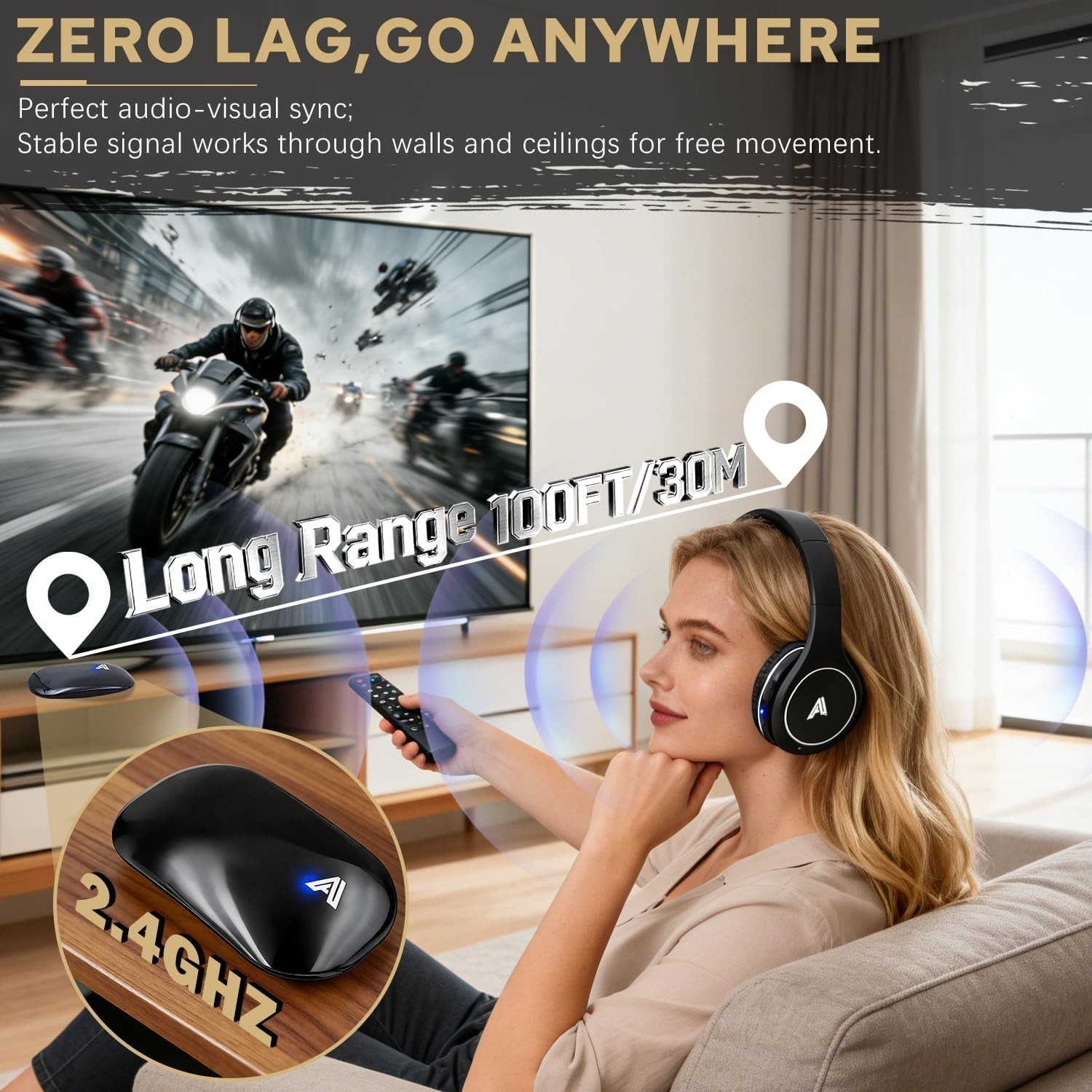 Wireless TV Headphones Over Ear Folding RF 2.4GHz Sound Isolation Noise Cance…