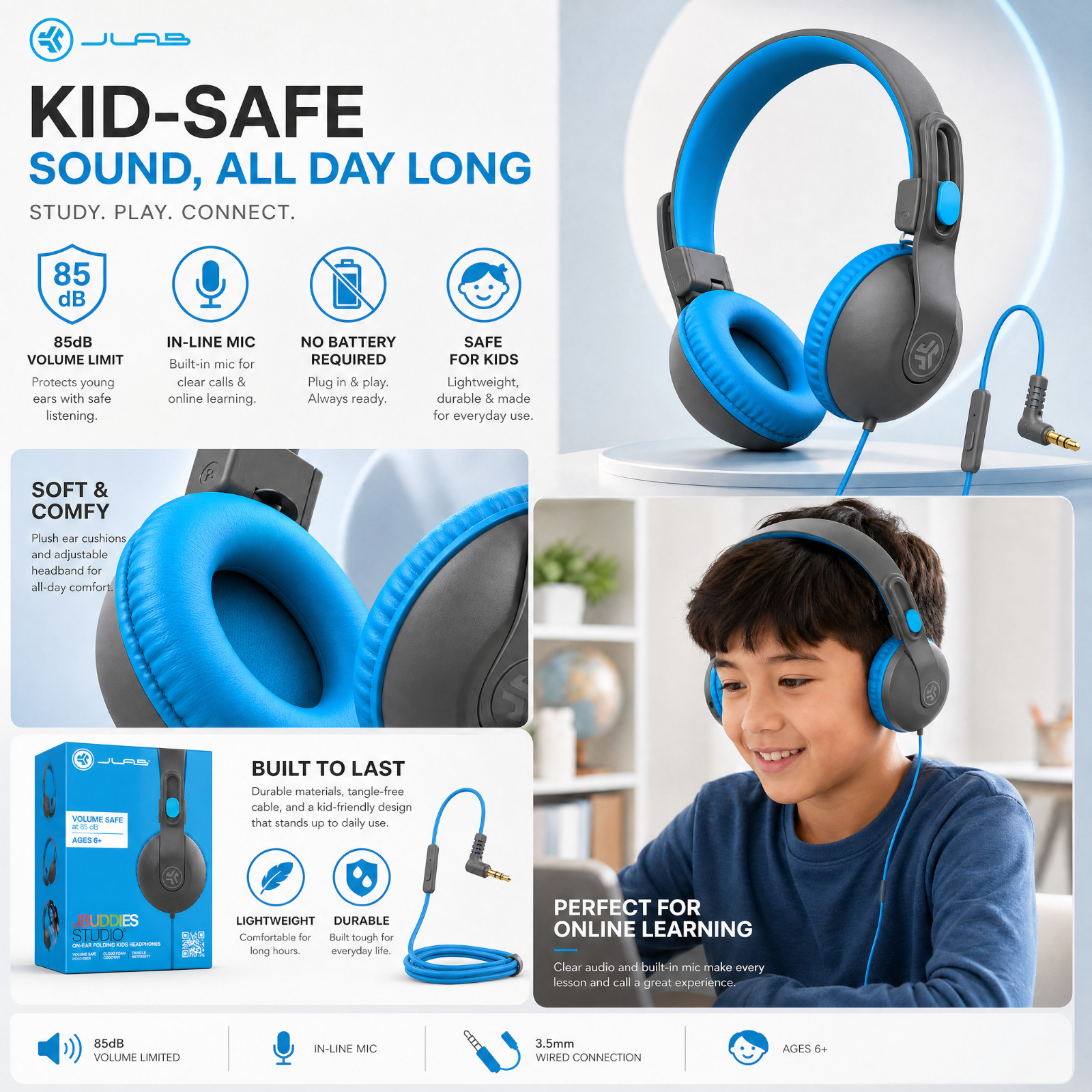 Kids Wired On-Ear Headphones 85dB Volume Limited Mic 3.5mm Black Blue