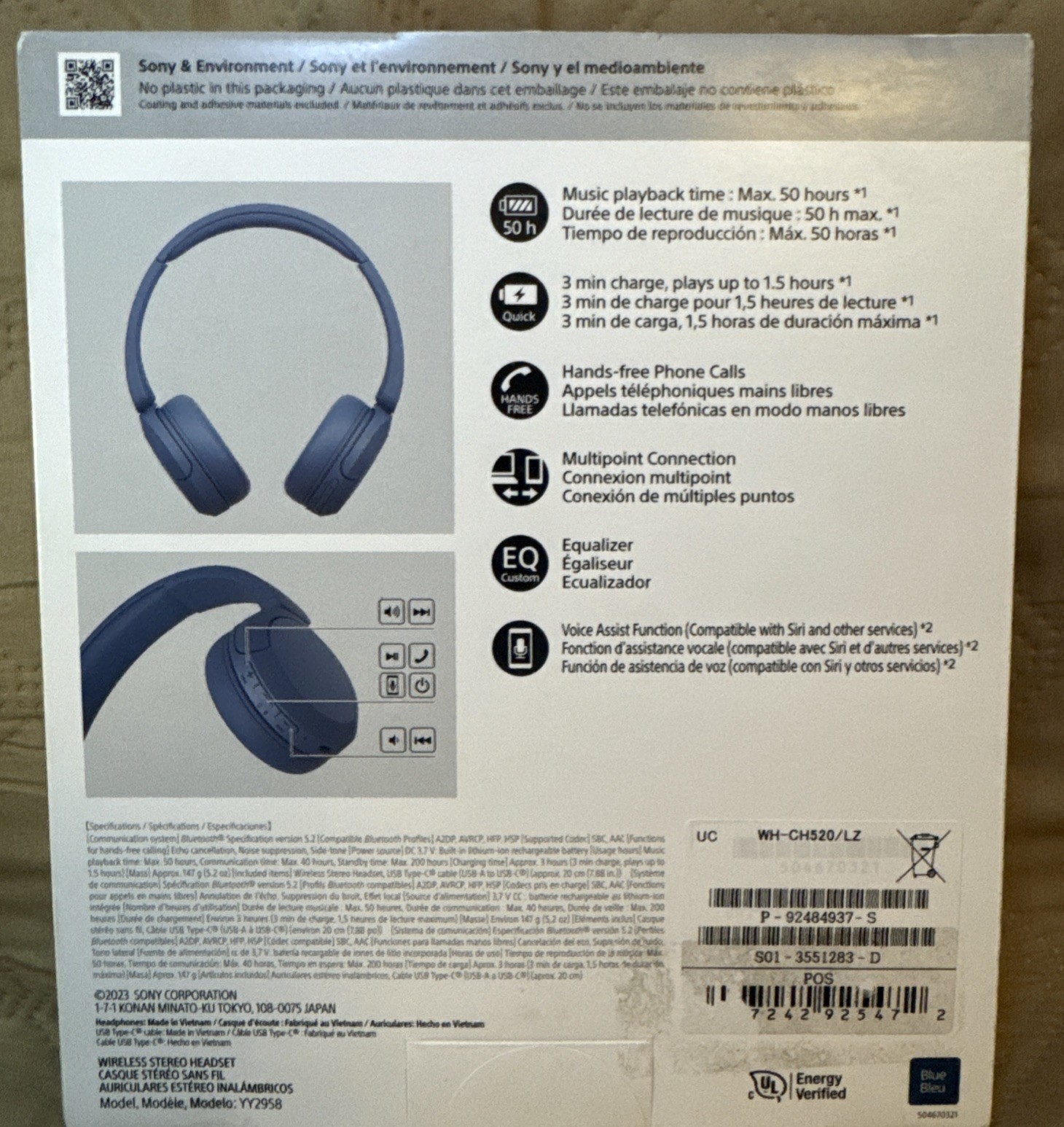 Sony WH-CH520 Wireless Headphones Bluetooth On-Ear Headset w/Microphone Blue NEW