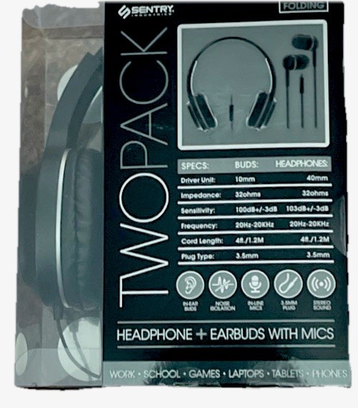 Sentry 2 Pack Folding Headphones & Ear Buds With Mic, Noise Isolation 3.5mm Plug