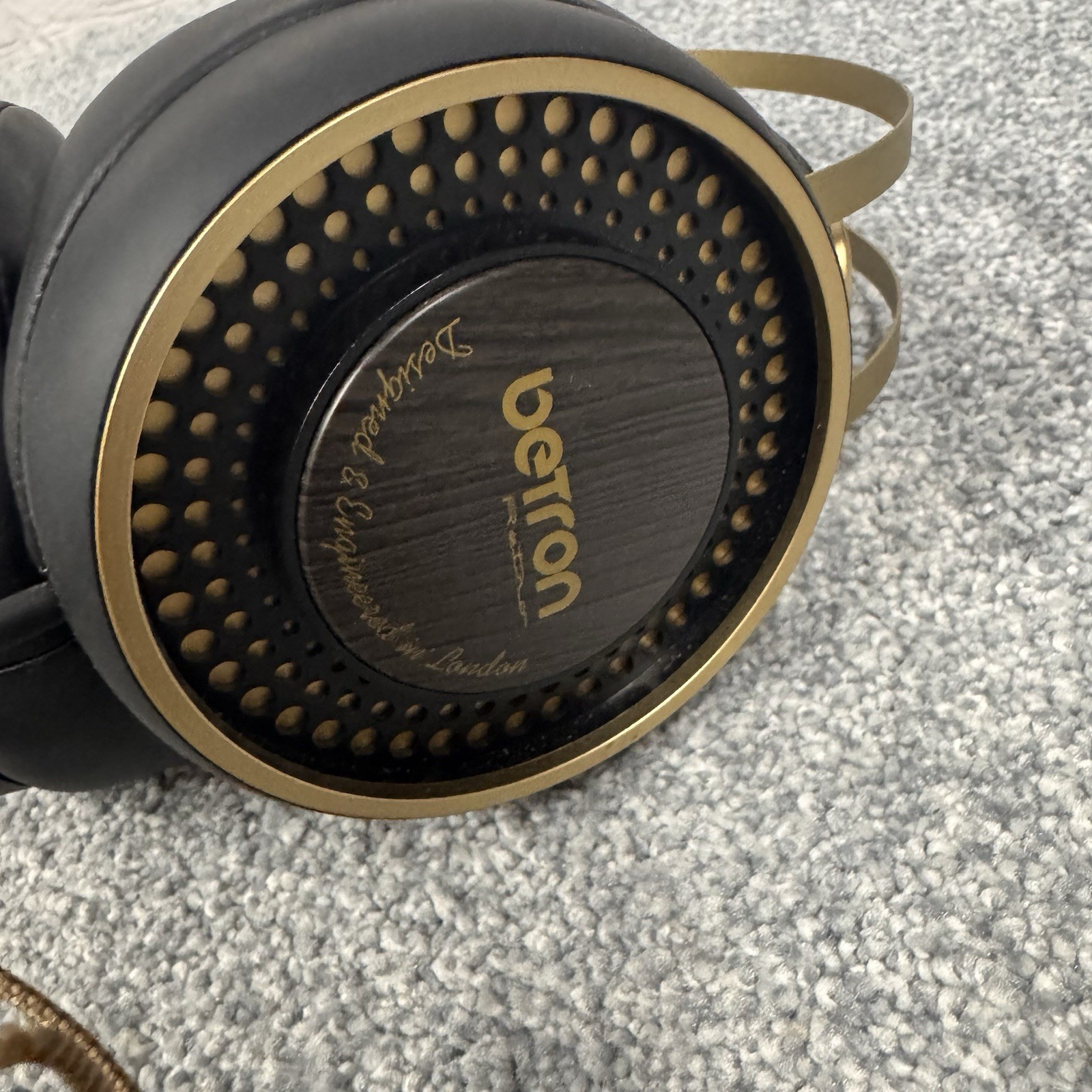 Betron Over-Ear Wired Headphones – Black & Gold with Wood Grain Design