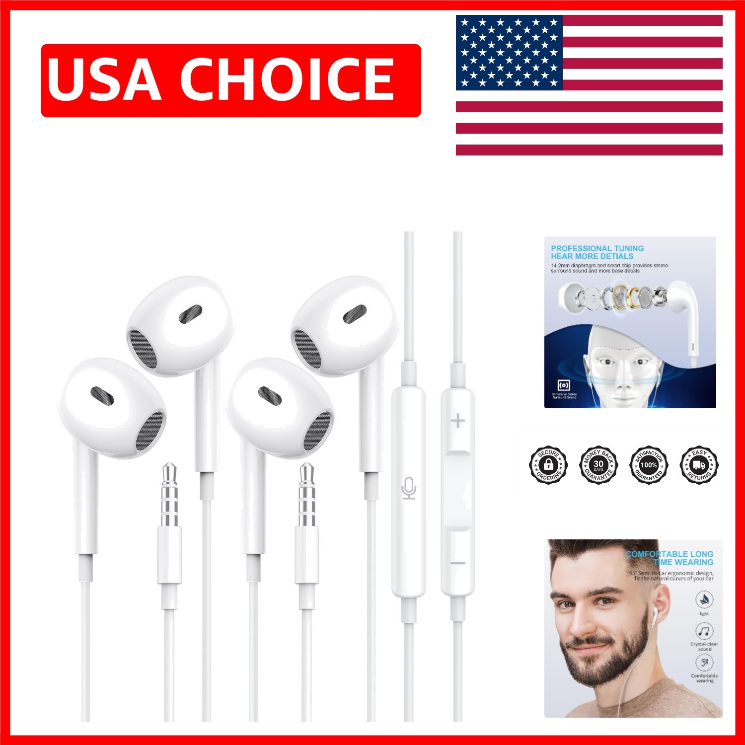 Wired Earbuds with Clear Microphone & HiFi Stereo Sound for All Devices (2 Pack)