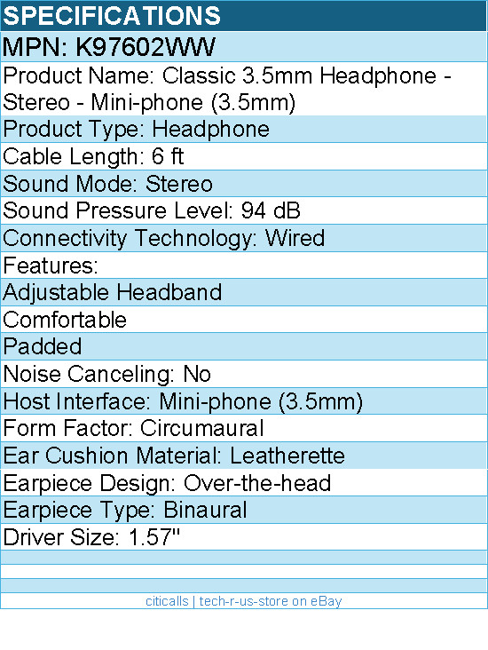 Kensington K97602WW Classic 3.5mm Headphone – Stereo – Mini-phone (3.5mm)