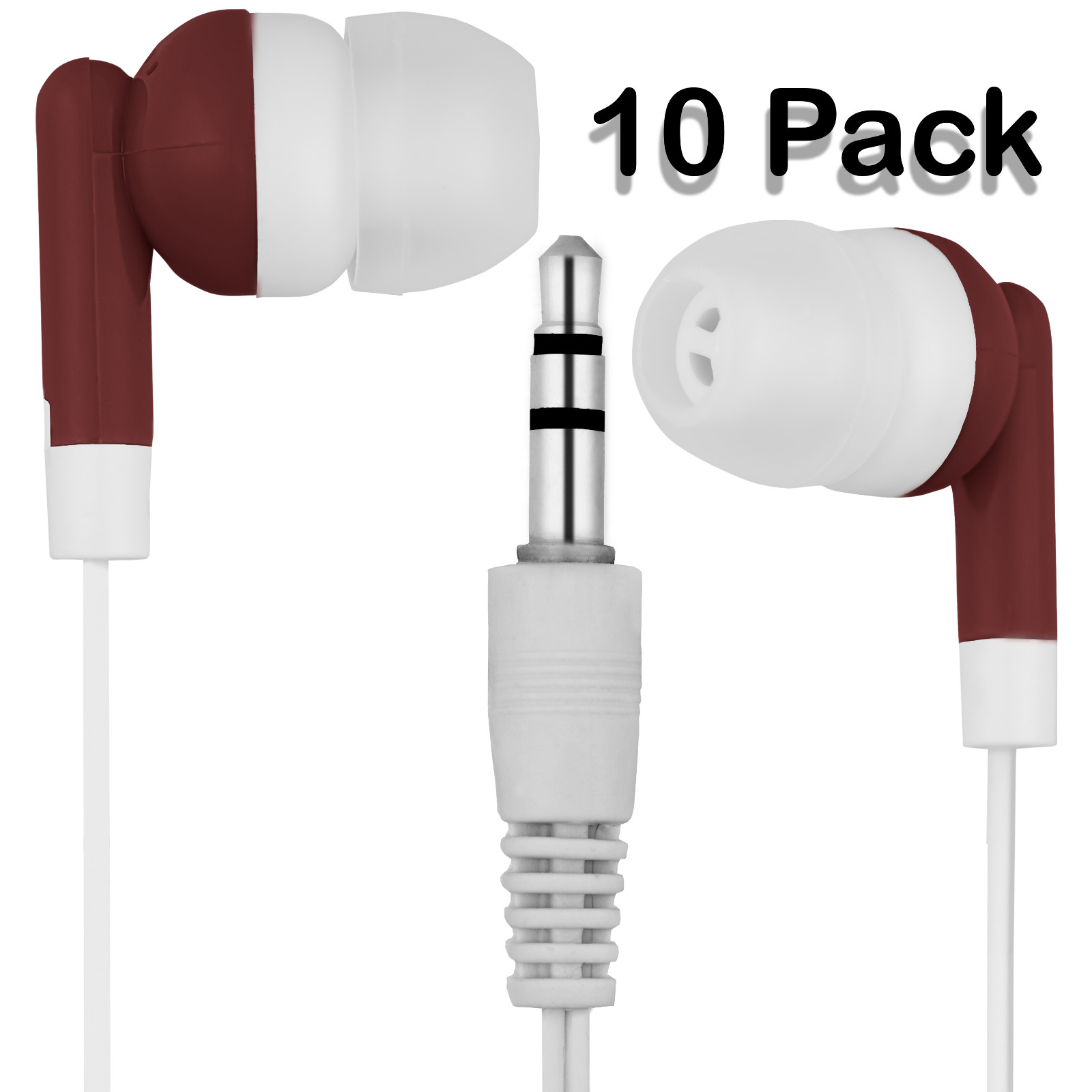 Pack of 10 Burgundy/White 3.5mm Headphones / Earbuds – Individually Bagged