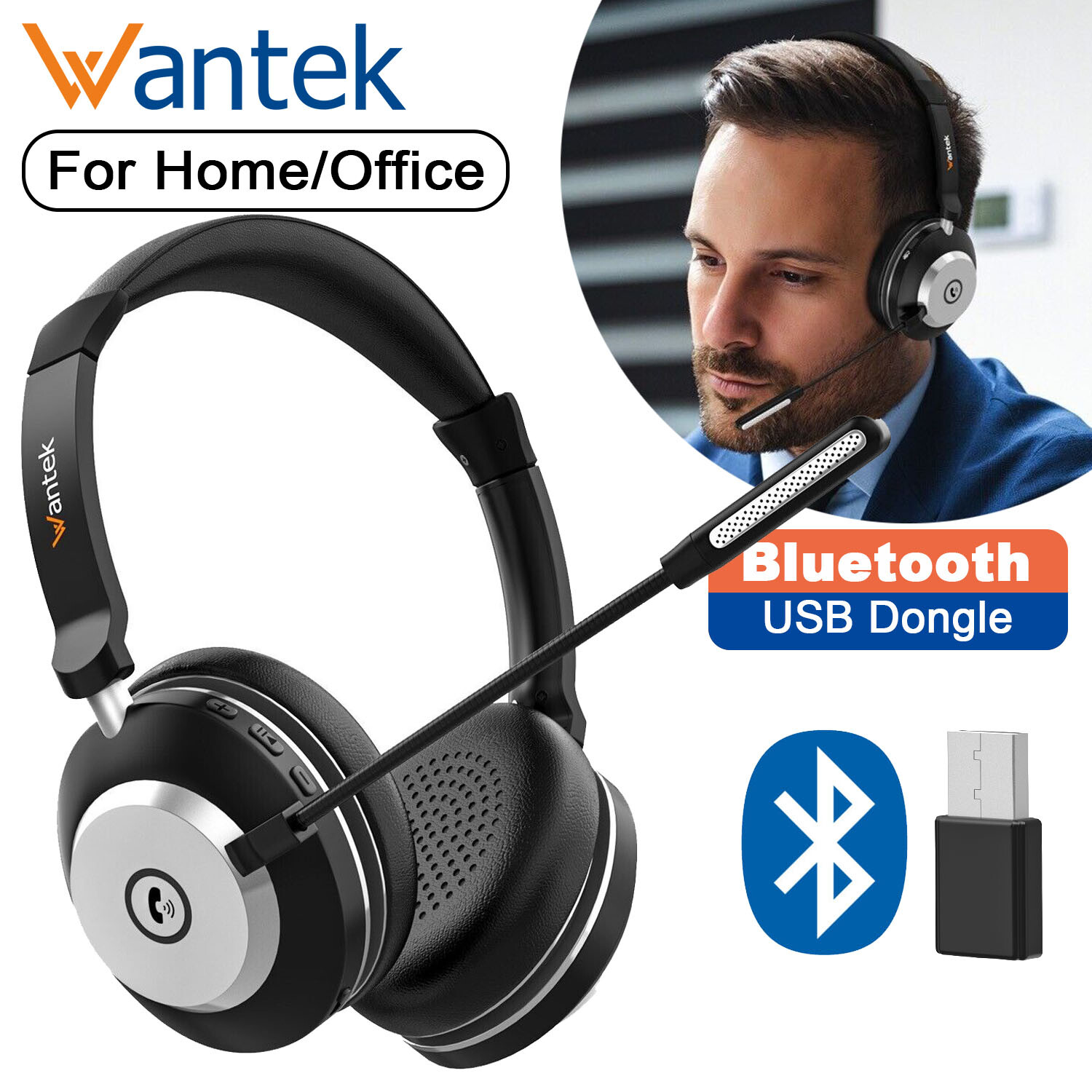 Wantek Bluetooth Headphones with Microphone USB Dongle Wireless Headset for Work