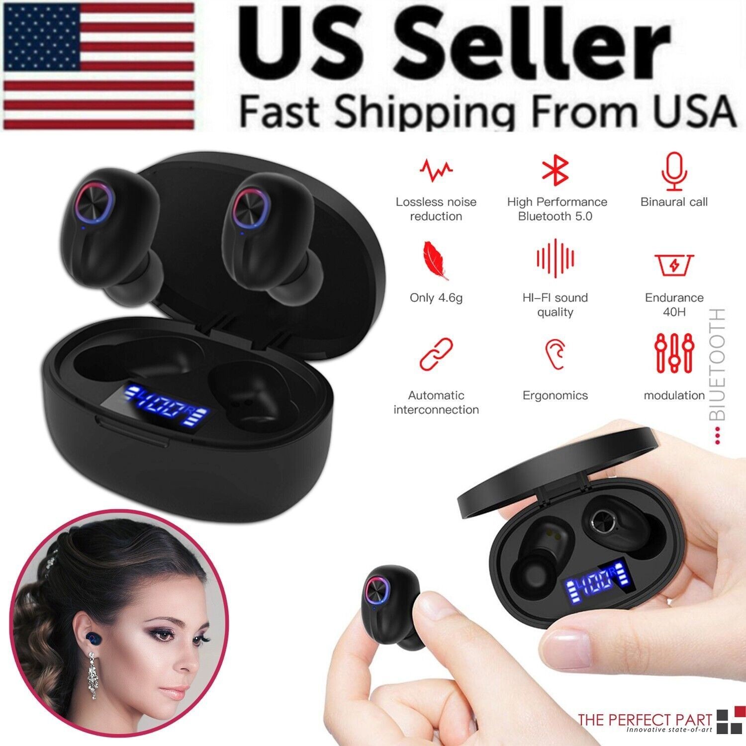 TWS Bluetooth 5.1 Wireless Earbuds Noise Cancelling Waterproof Headset w/ Mic