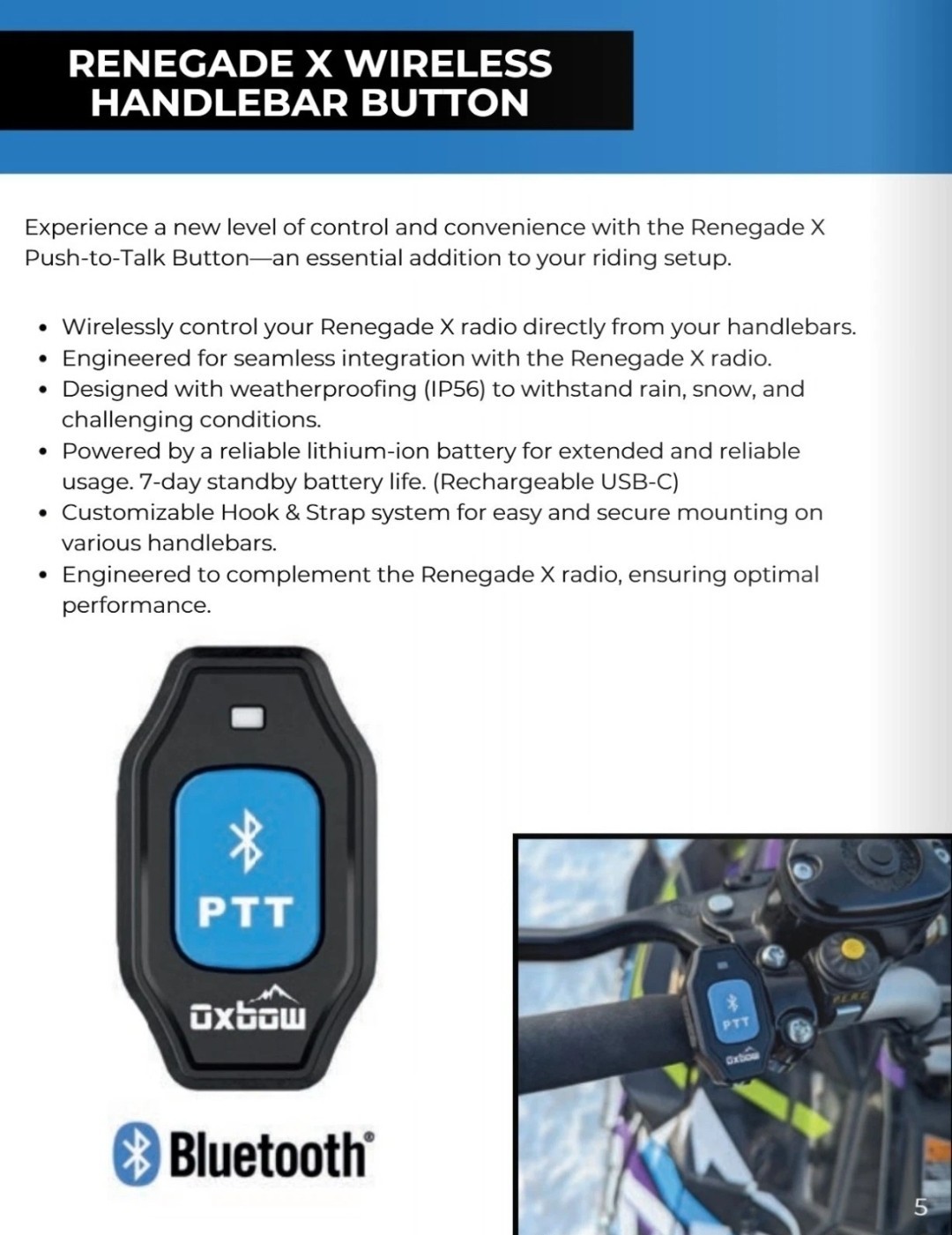 Oxbow Renegade X Handlebar Button Bluetooth Radio PTT Push To Talk Switch RD1025
