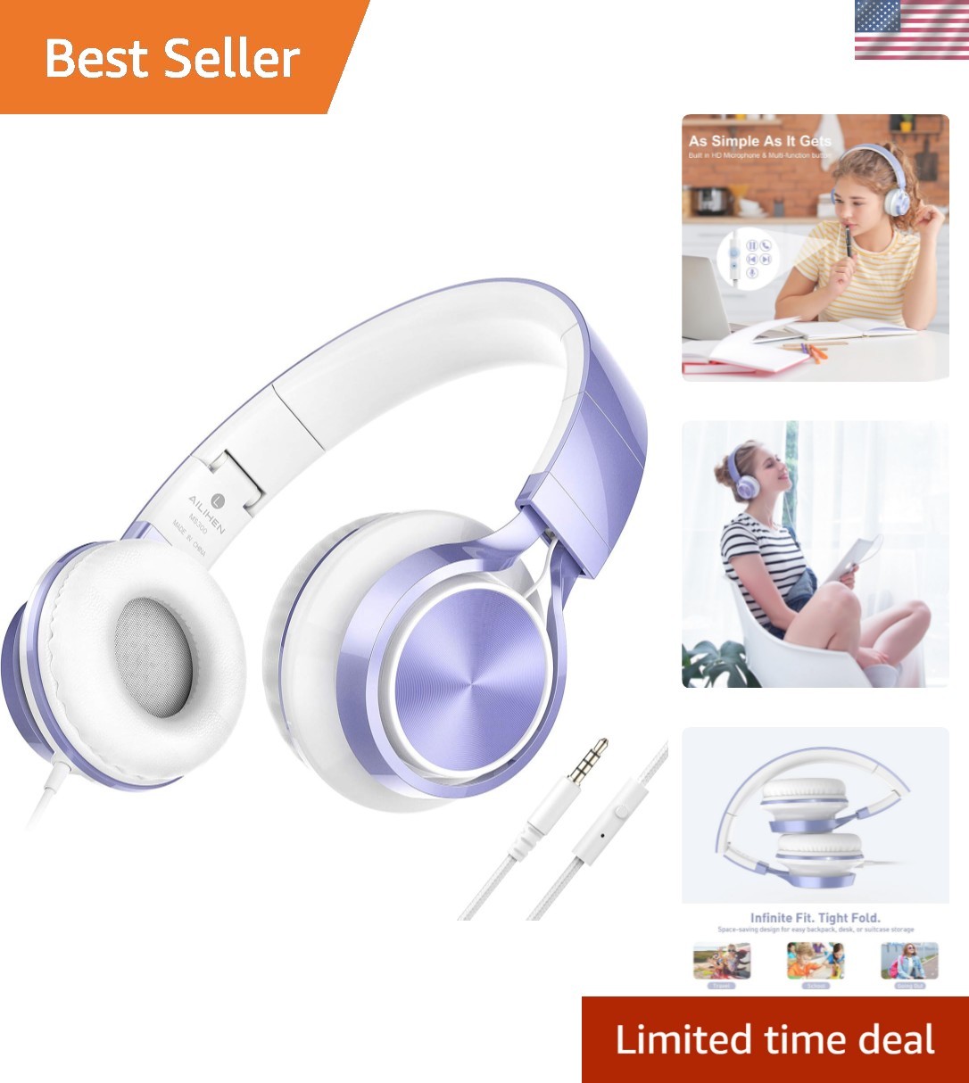 Stylish Violet Kids Headphones with Microphone – Foldable & Lightweight Design