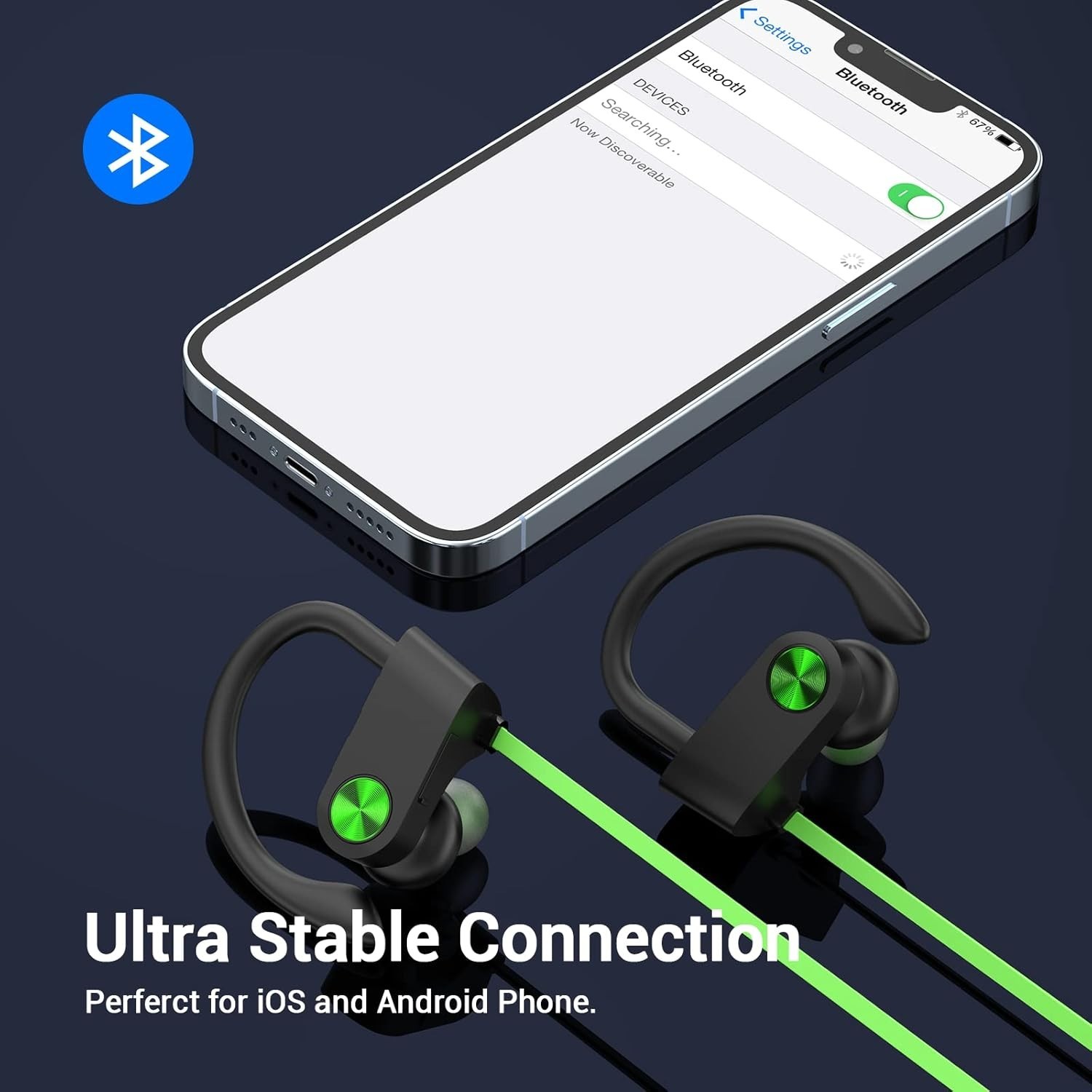 Bluetooth Headphones, HiFi Bass Stereo Earbuds with Noise Cancelling Mic, Wat…