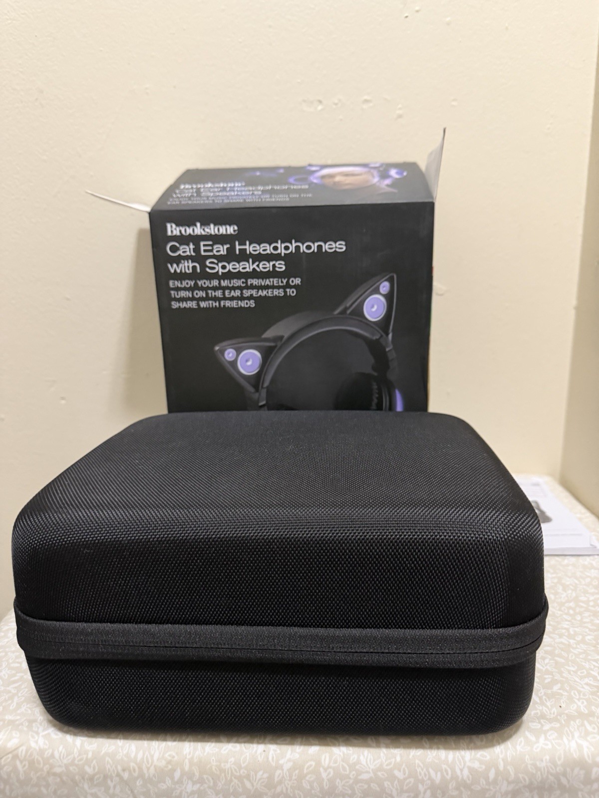 Brookstone Purple Black Cat Ear Headphones w/ Storage Case and Micro USB Cable