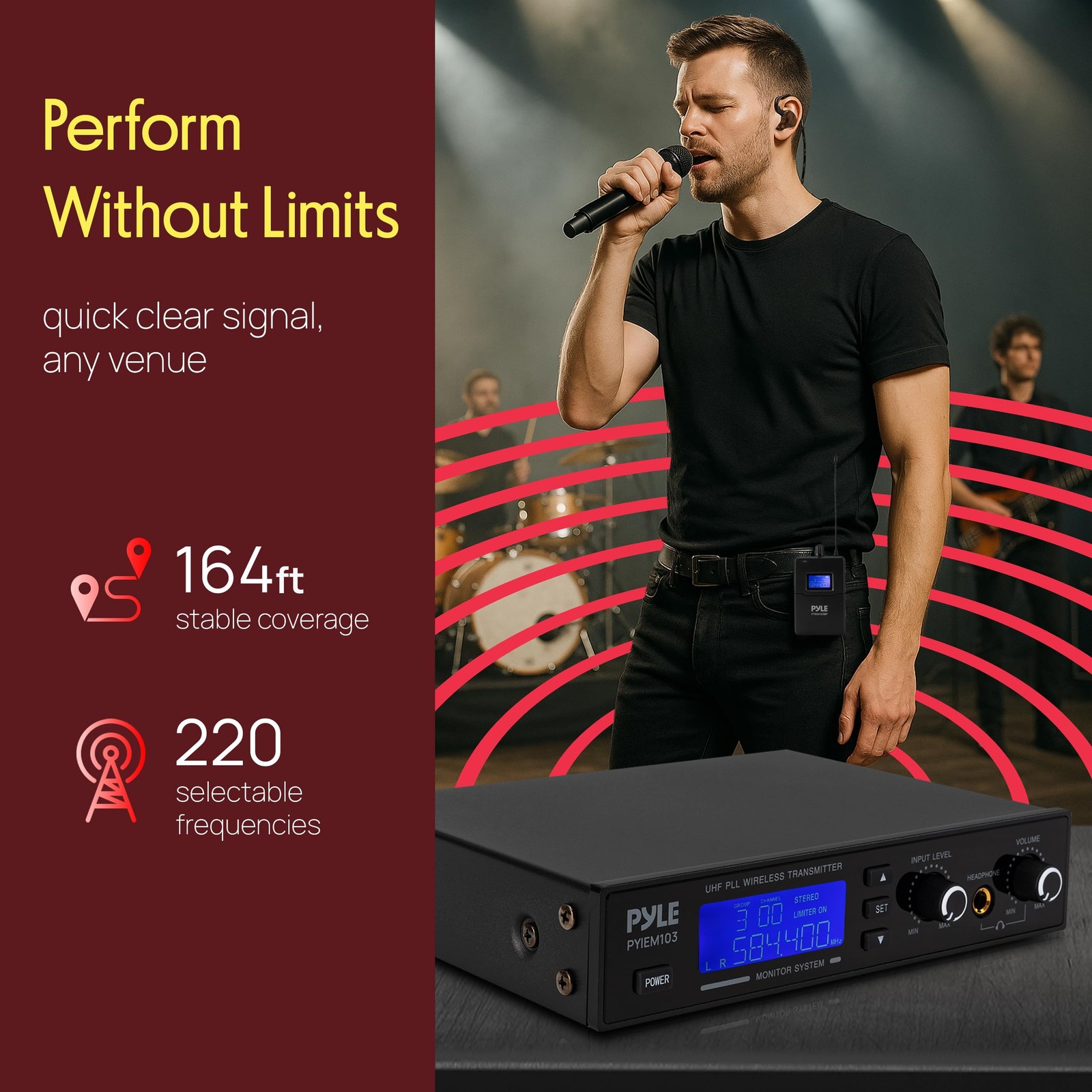 Pyle Wireless in-Ear Monitor System – Pro Base Station + 1 Body Pack, Black