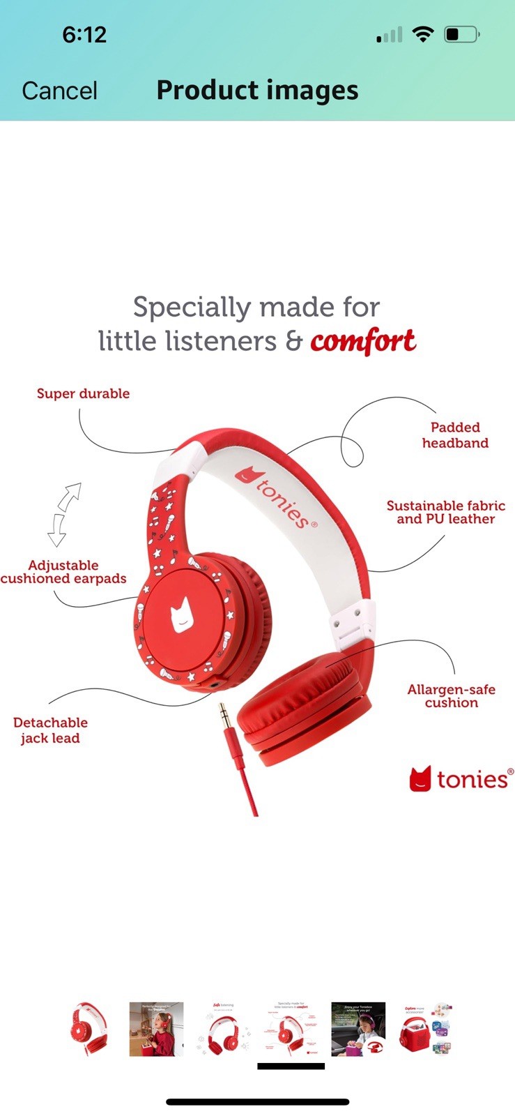 Tonies Kids Headphones Wired Foldable Durable Safe Audio 85dB Red NEW