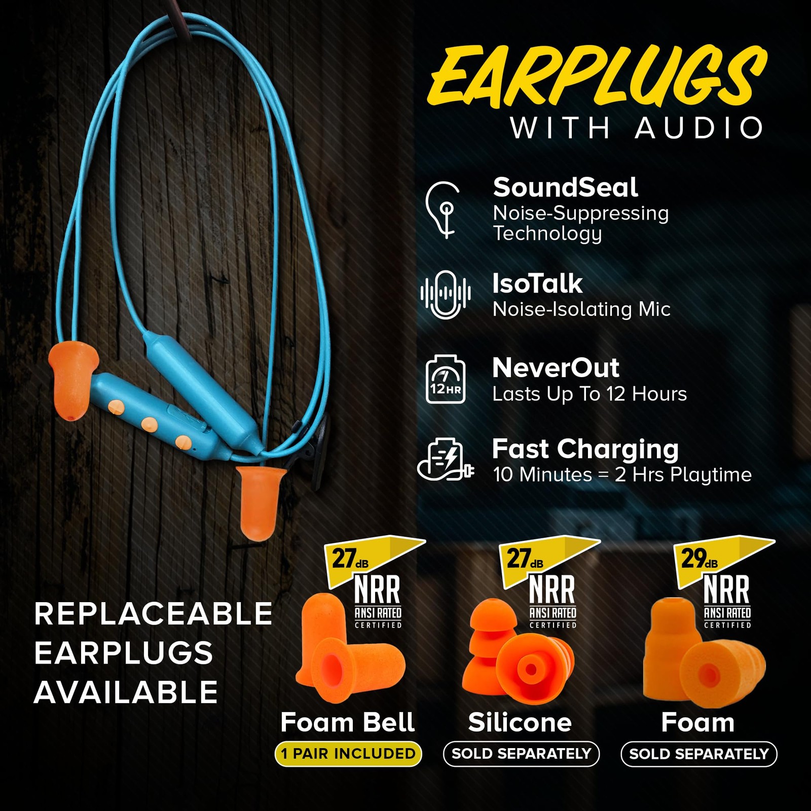 Plugfones Basic Pro Bluetooth Foam Earplug Headphones – 27 dB Blue, Orange