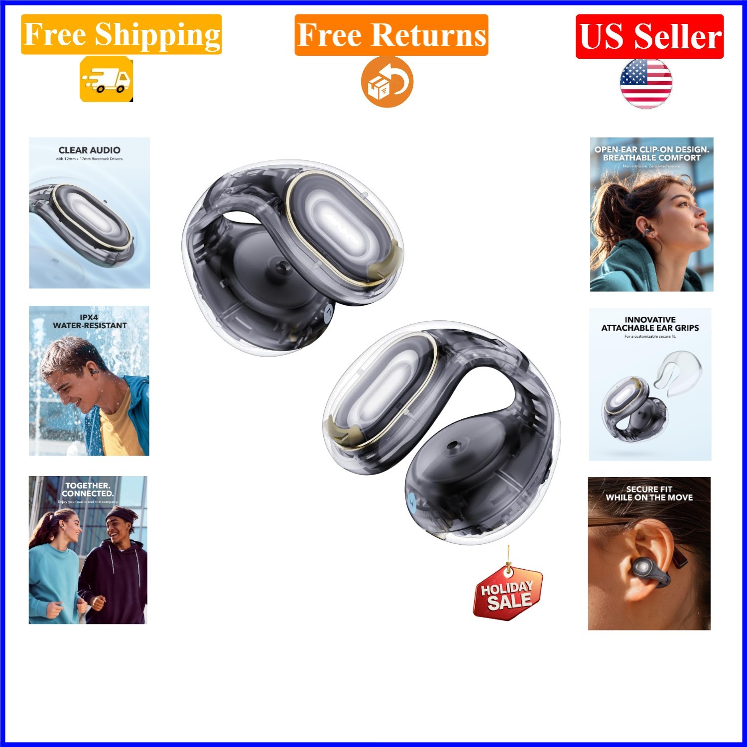 C30i Open-Ear Bluetooth Earbuds, Clip-On, Water-Resistant, 30H Play, Black