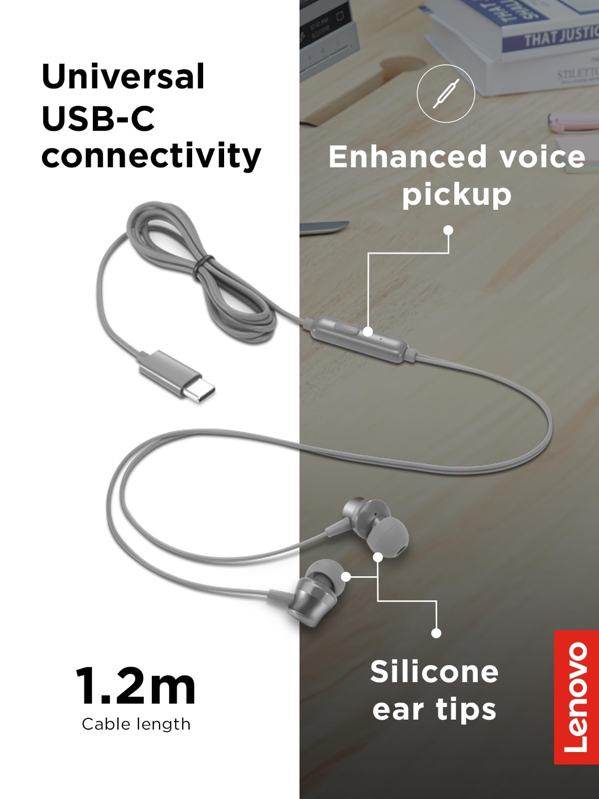 Lenovo 300 USB C Wired In Ear Headphones with Mic for Clear Audio Comfort