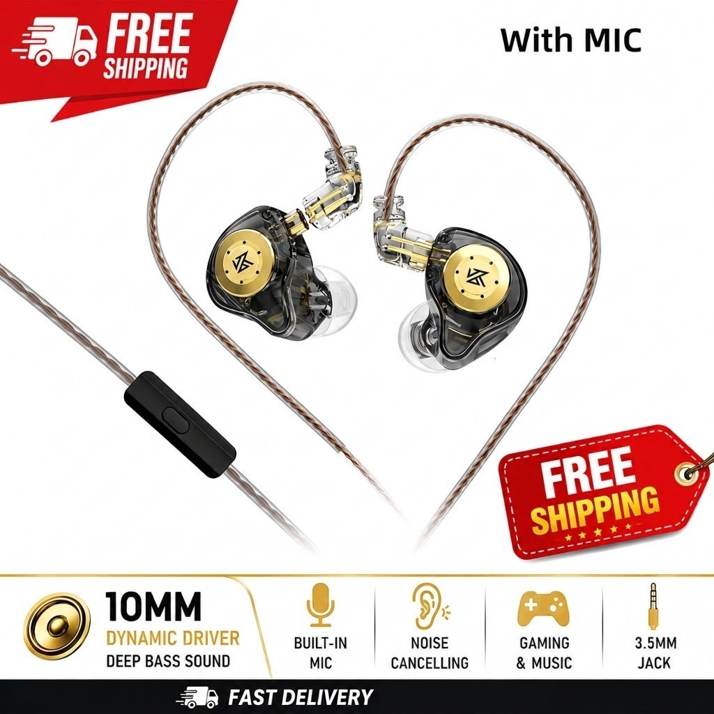 KZ EDX HiFi Bass Earbuds 10mm Dynamic Driver Noise Cancelling Sports Headphones