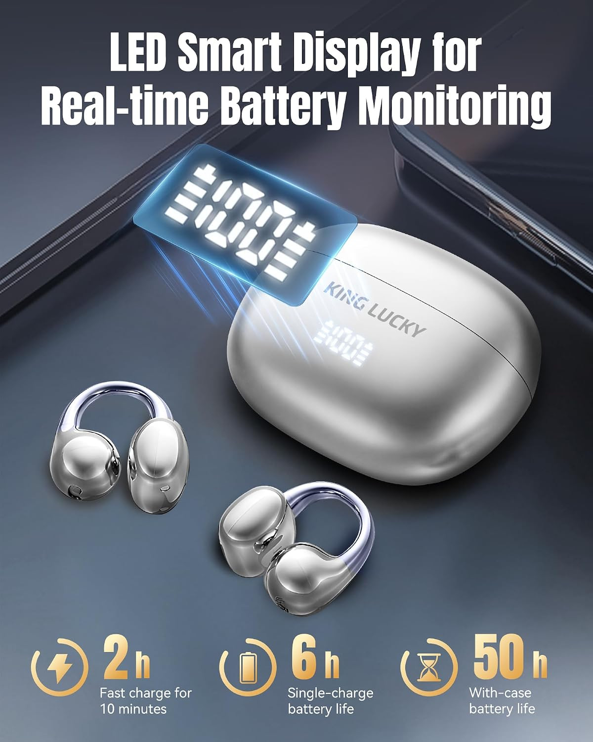 Next-Gen Clip on Earbuds Open Ear Wireless Bluetooth 6.0 Headphones with Mic,50H