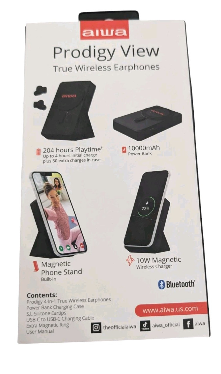 AIWA Prodigy 4-in-1 Wireless Earbuds, 10,000 mgh Powerbank, Phone Stand-Black