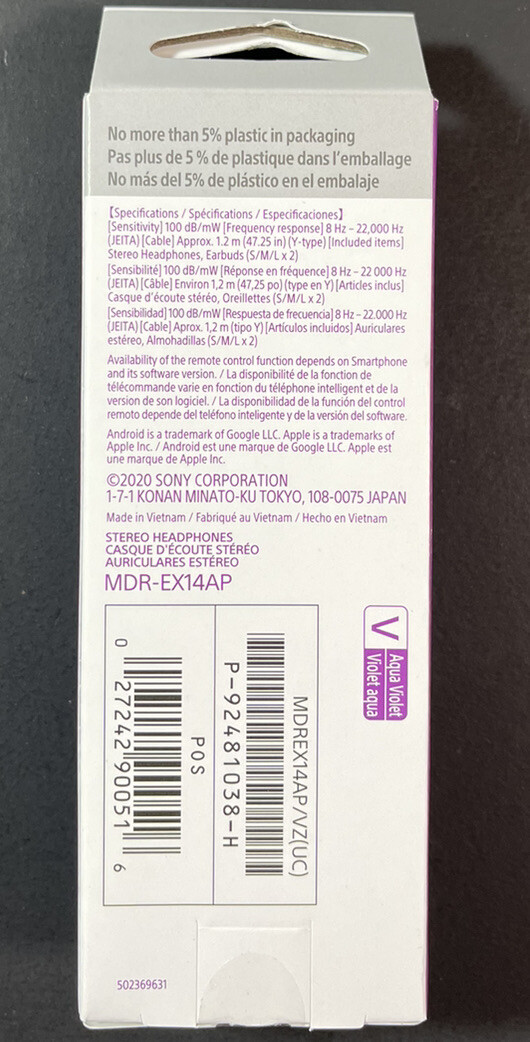 Official Sony Stereo Headphone Comfortable Fit MDR-EX14AP [ Aqua Violet ] NEW