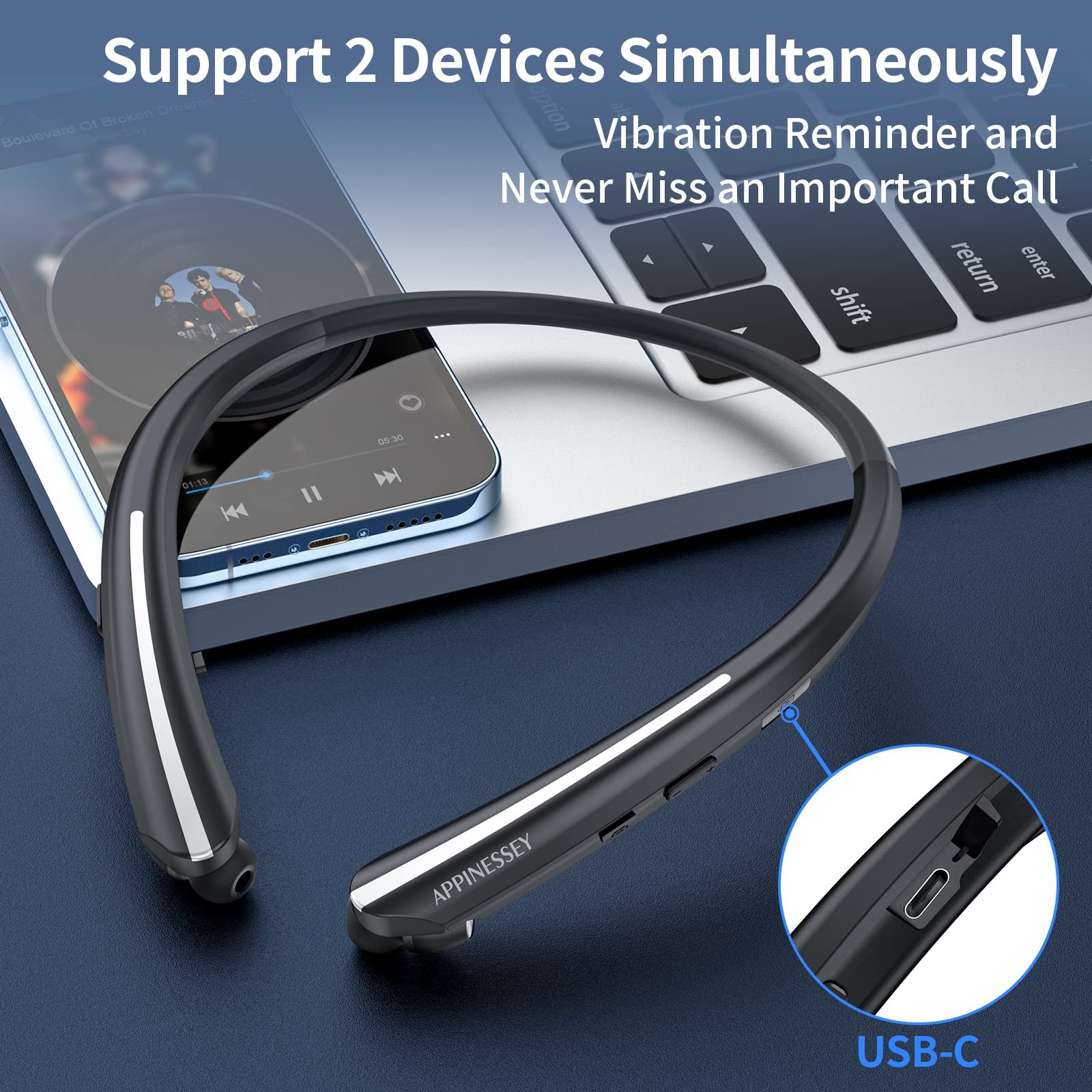 APPINESSEY Retractable Neckband Bluetooth Headphones, Wireless Neck Black