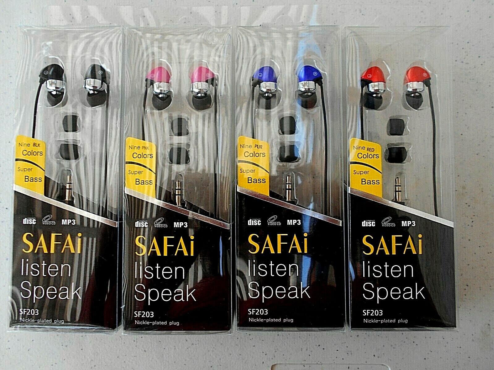 SET OF FOUR 4 Safai Earphones Listen Speak Earbuds Black Pink Purple & Red SF203