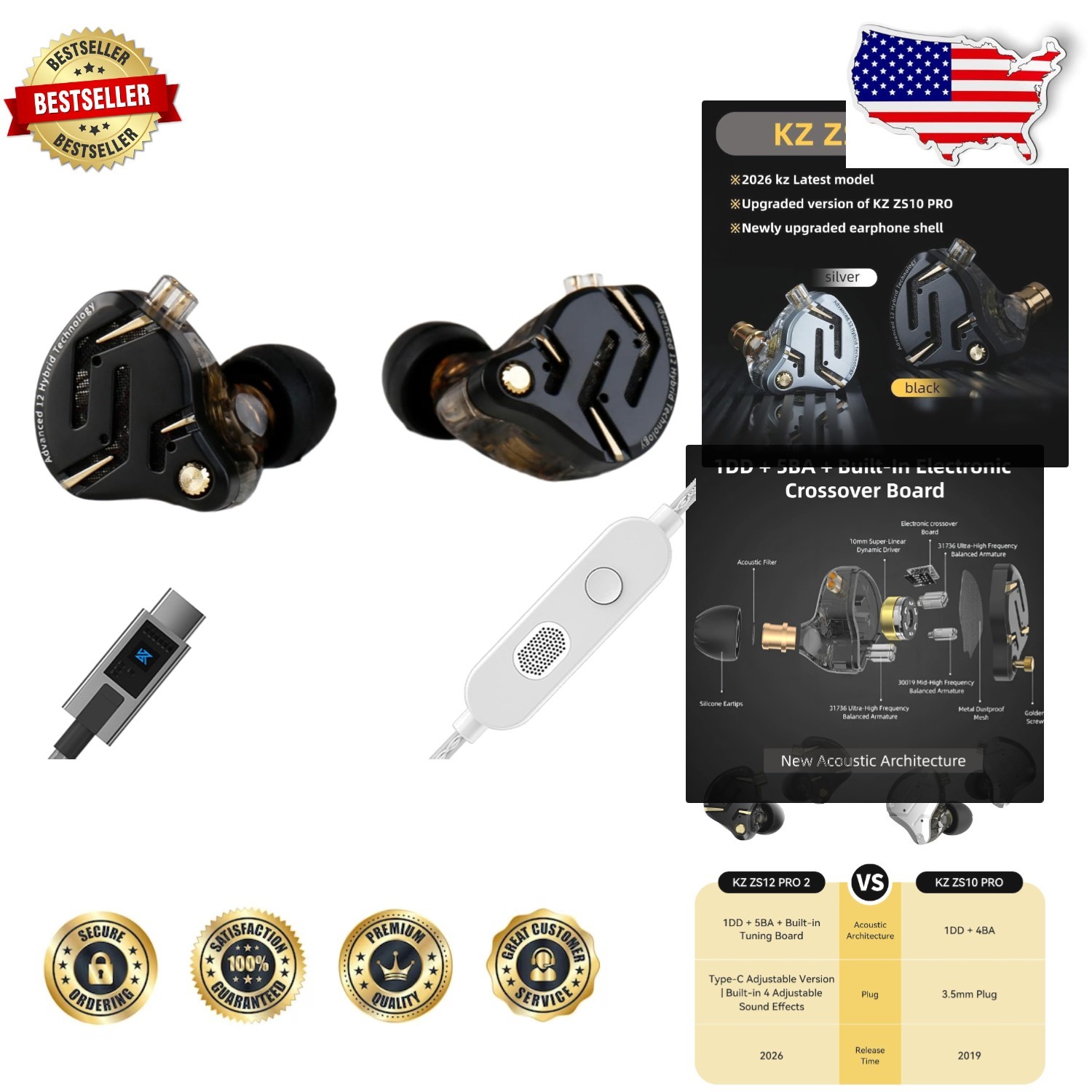 Pro KZ ZS12 Type-C Earphones: 6 Drivers, Immersive Bass, Metal Faceplate, Mic
