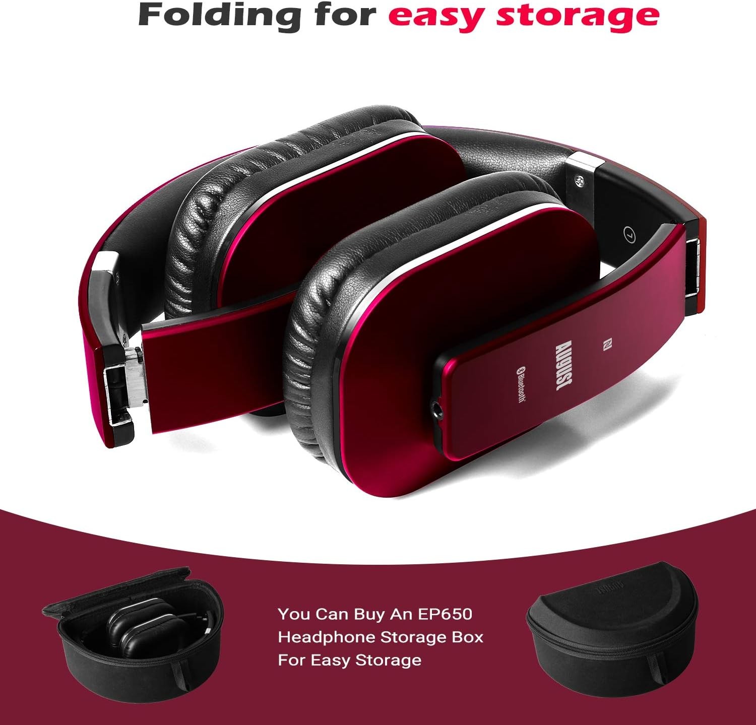 August EP650 Bluetooth Wireless Over-Ear Headphones with aptX Low Red