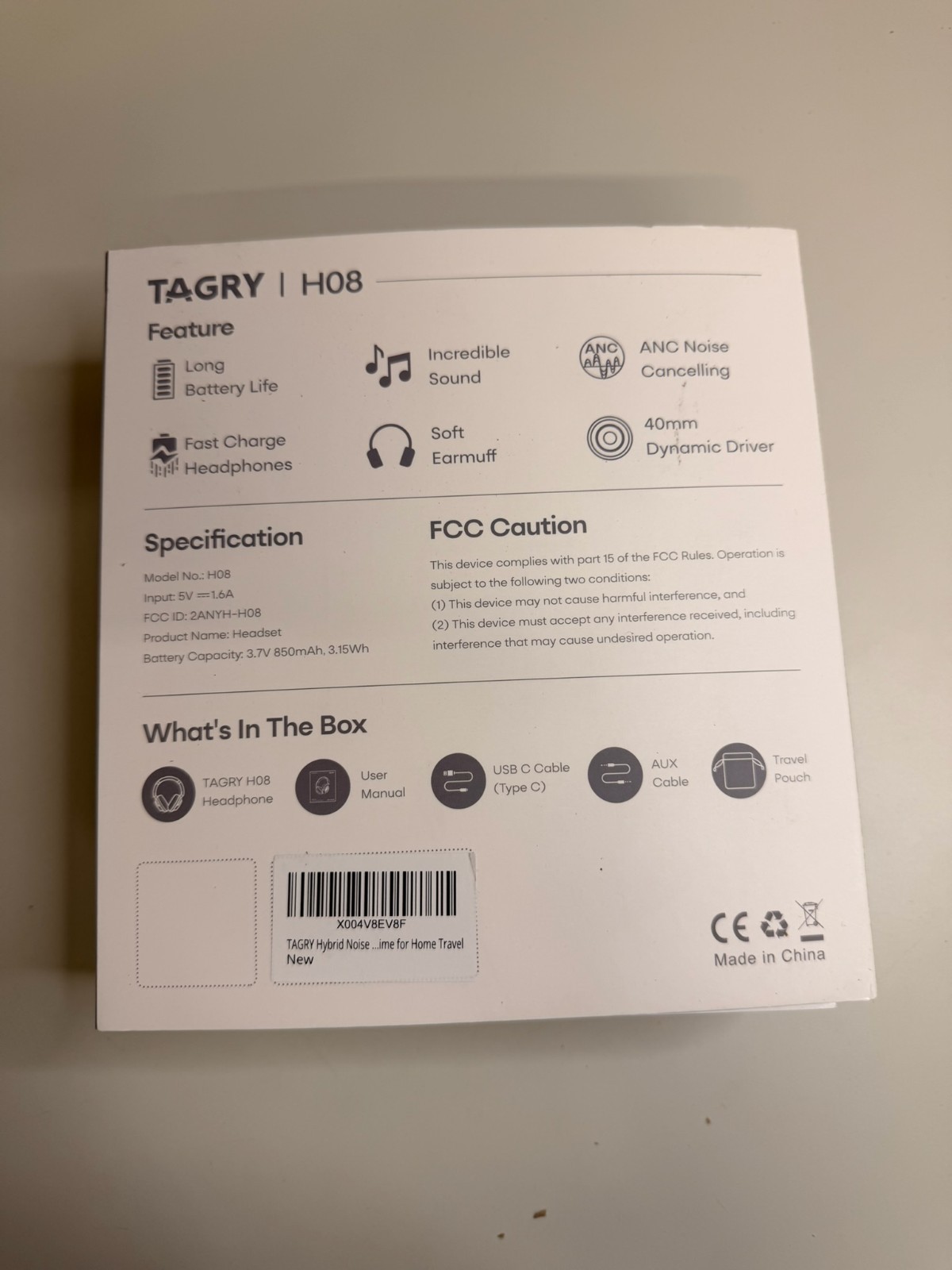 TAGRY H08 ANC Wireless Bluetooth Over Ear Headphones Black Noise Cancelling