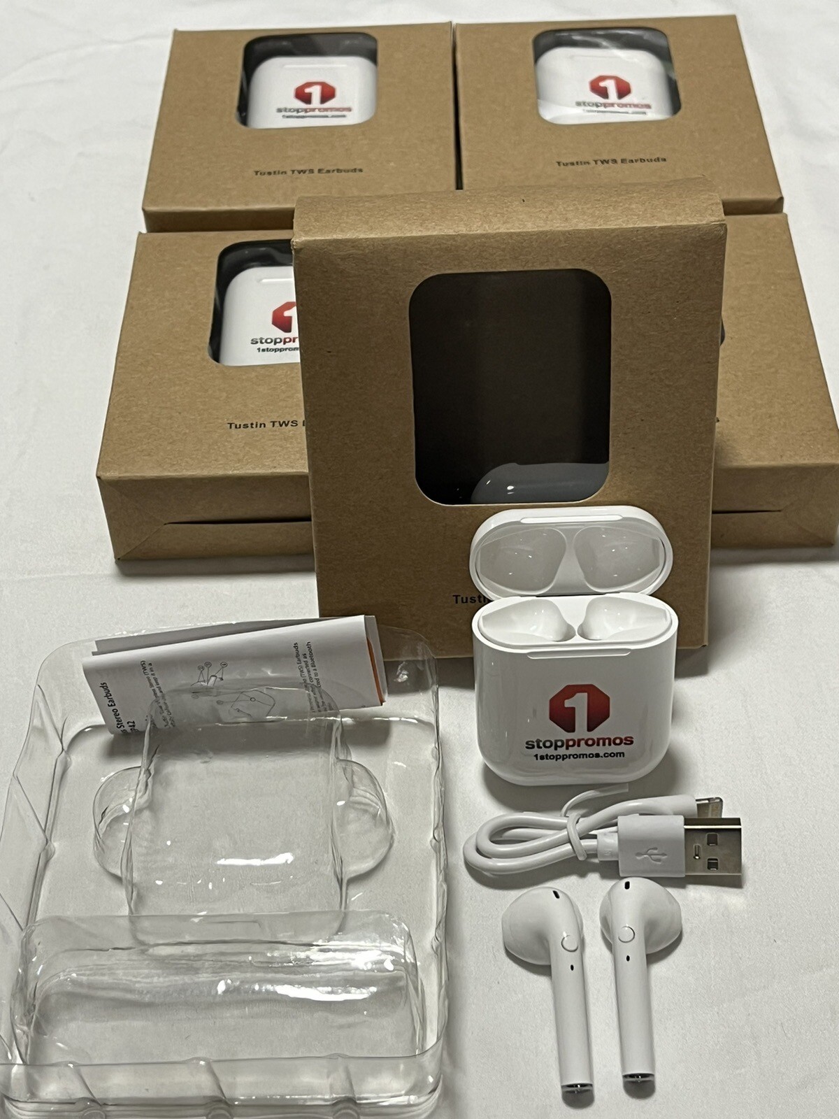 Lot Of 5 New Tustin TWS Earbuds. SKU:EP42. 350mAh/3.7V. DC5V/1A. 0.5W. White